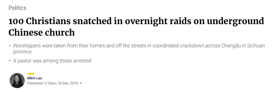 Christians arrestment - Source: [SCMP](https://www.scmp.com/news/china/politics/article/2177263/100-snatched-china-church-raids-overnight)